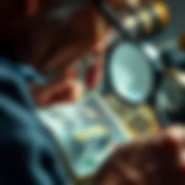 A close-up of a currency collector examining a note with a magnifying glass