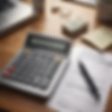 A calculator and a mortgage application form on a wooden desk