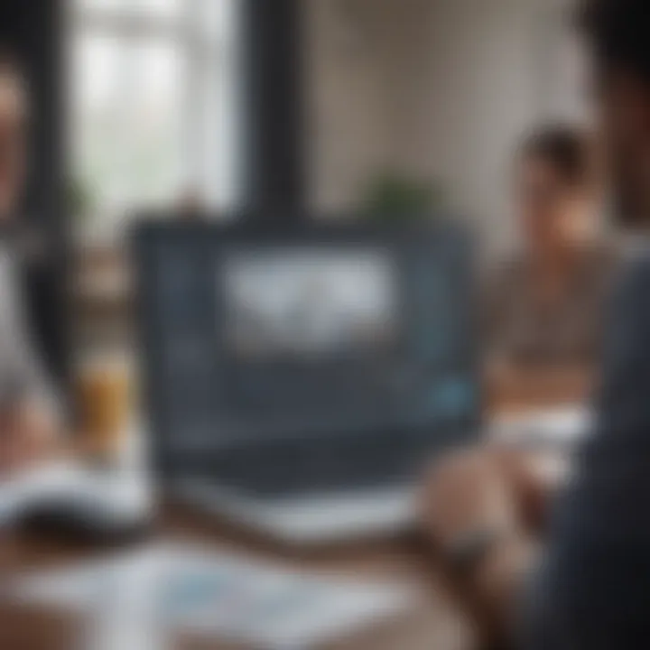 A diverse group discussing finances over a laptop