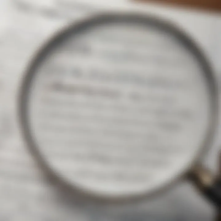 A close-up view of a title deed with a magnifying glass highlighting key details and terms